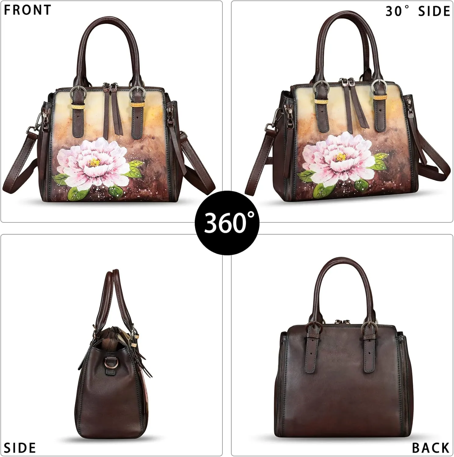 Genuine Leather Handbag for Women Hand Painted Leather Top Handle Purse Handmade Crossbody Satchel Tote Bag