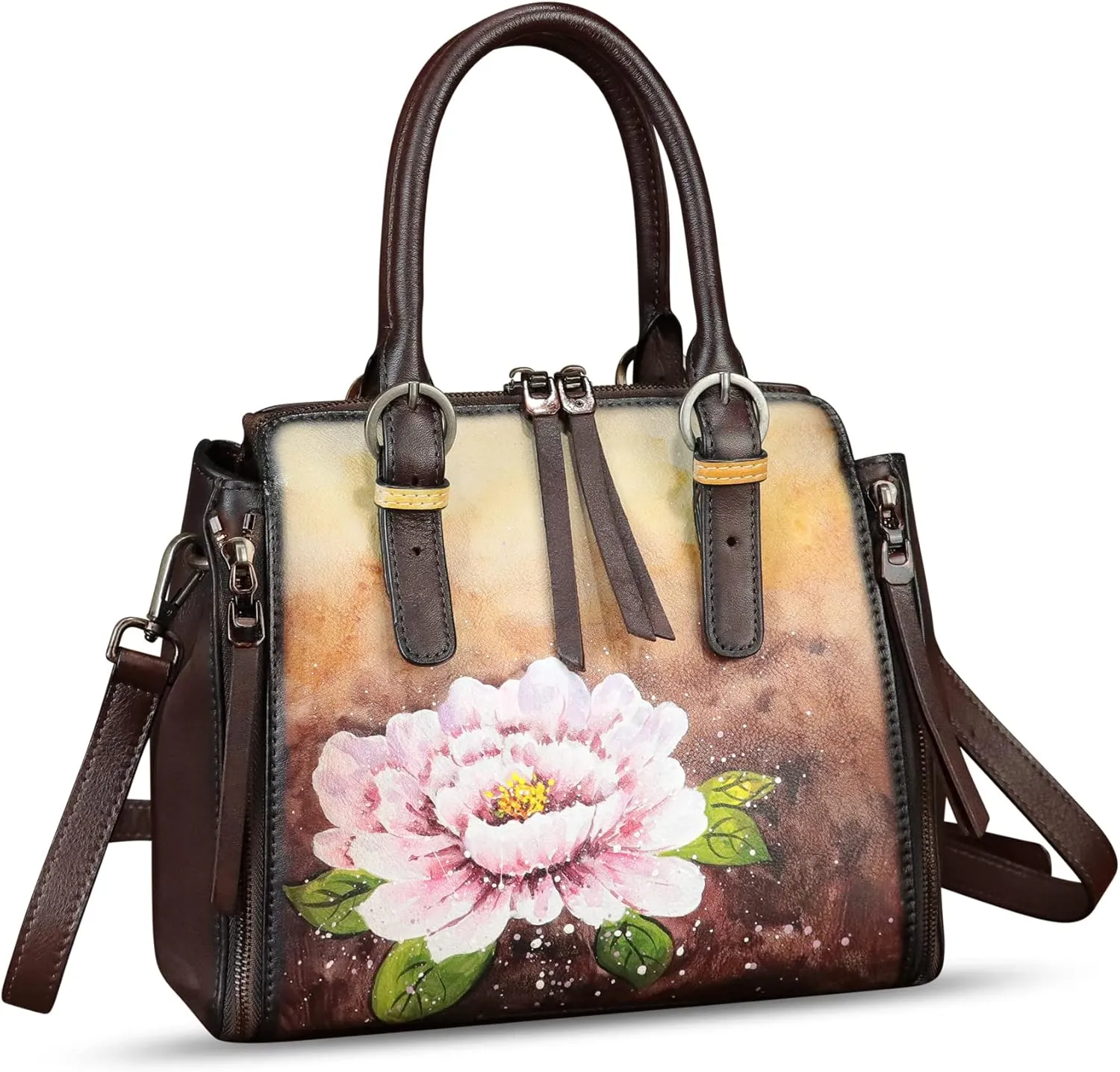 Genuine Leather Handbag for Women Hand Painted Leather Top Handle Purse Handmade Crossbody Satchel Tote Bag