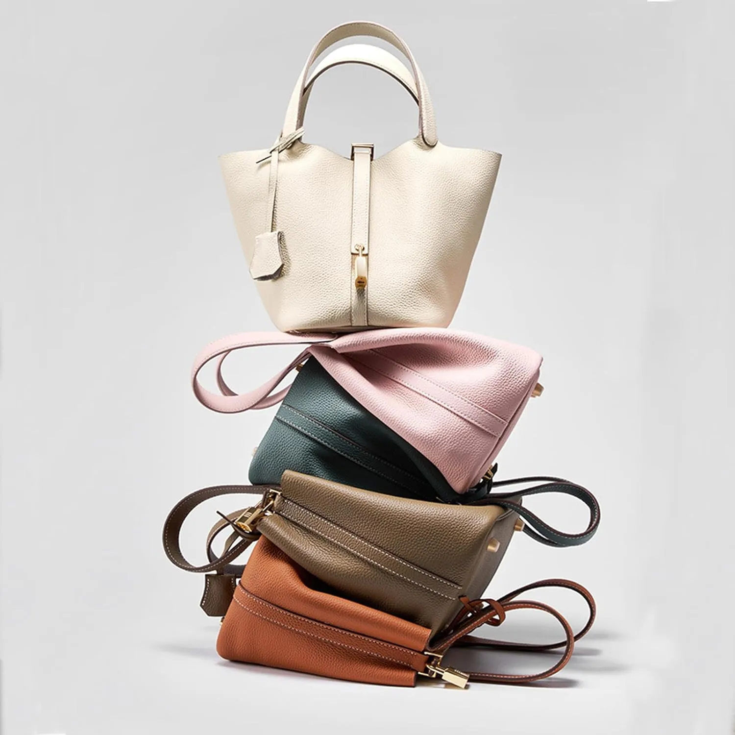 Genuine Leather Purses and Soft Bucket Bags, Stylish Lock Design Solid Color Tote Bag, Lychee Pattern Basket Bags
