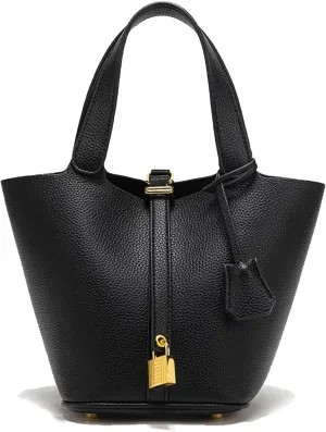 Genuine Leather Purses and Soft Bucket Bags, Stylish Lock Design Solid Color Tote Bag, Lychee Pattern Basket Bags