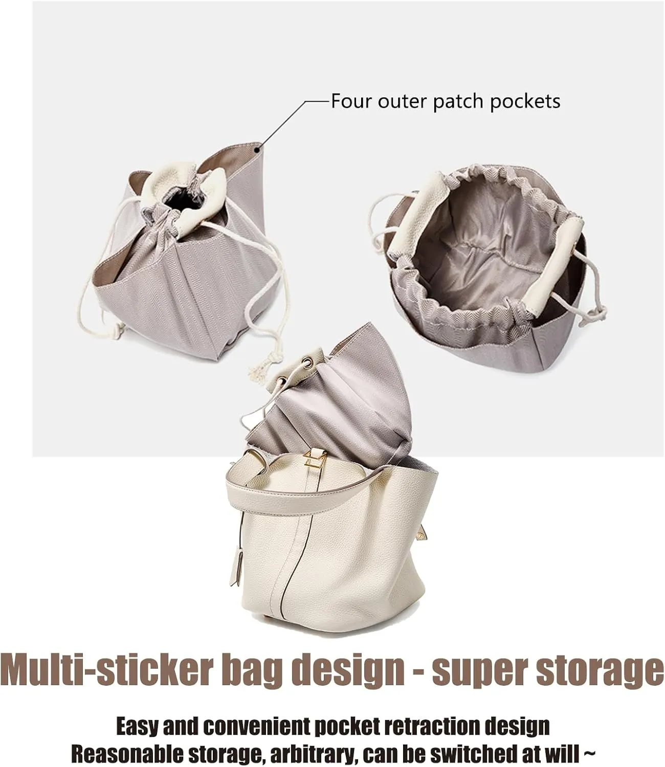 Genuine Leather Purses and Soft Bucket Bags, Stylish Lock Design Solid Color Tote Bag, Lychee Pattern Basket Bags