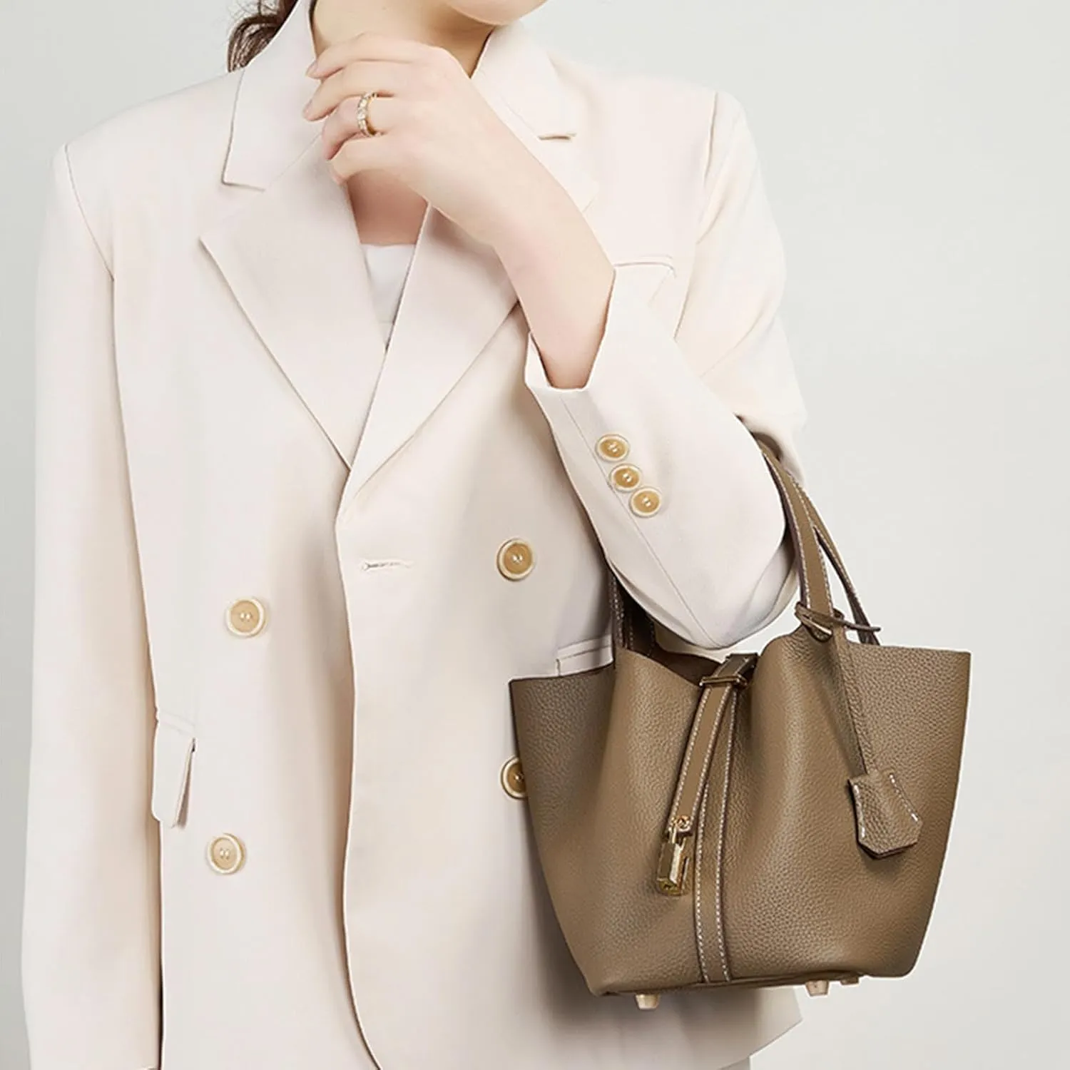 Genuine Leather Purses and Soft Bucket Bags, Stylish Lock Design Solid Color Tote Bag, Lychee Pattern Basket Bags