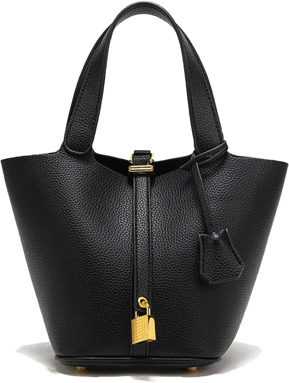 Genuine Leather Purses and Soft Bucket Bags, Stylish Lock Design Solid Color Tote Bag, Lychee Pattern Basket Bags