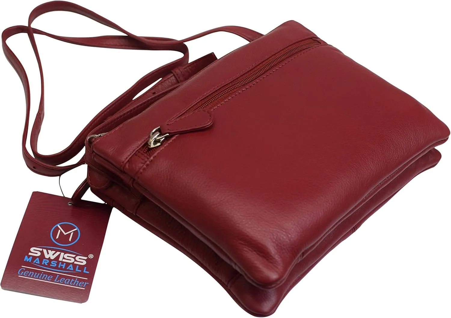 Genuine Leather Womens Purse Double Zipper Top Pockets Crossbody Shoulder Bag for Ladies