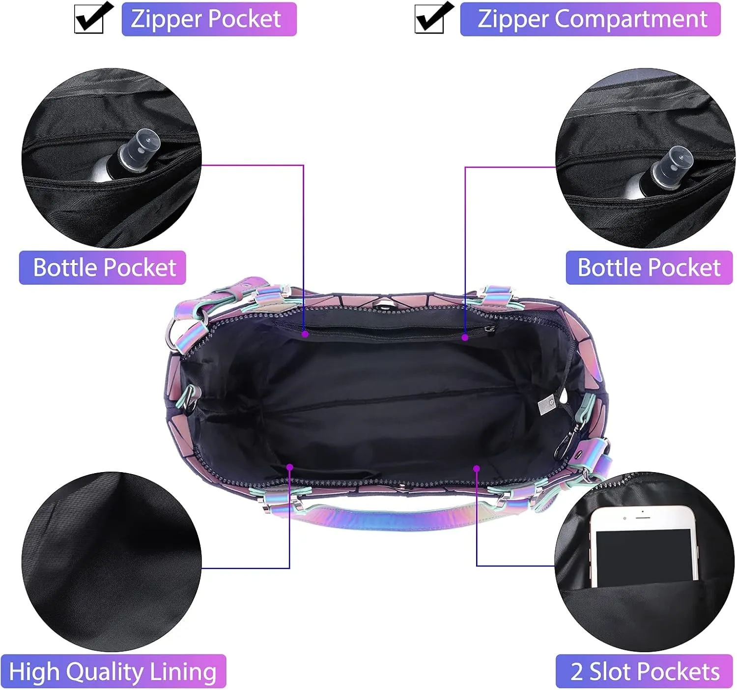 Geometric and Holographic Crossbody and Women Girls Tote for Tailored options Handbag Responsive Luminous