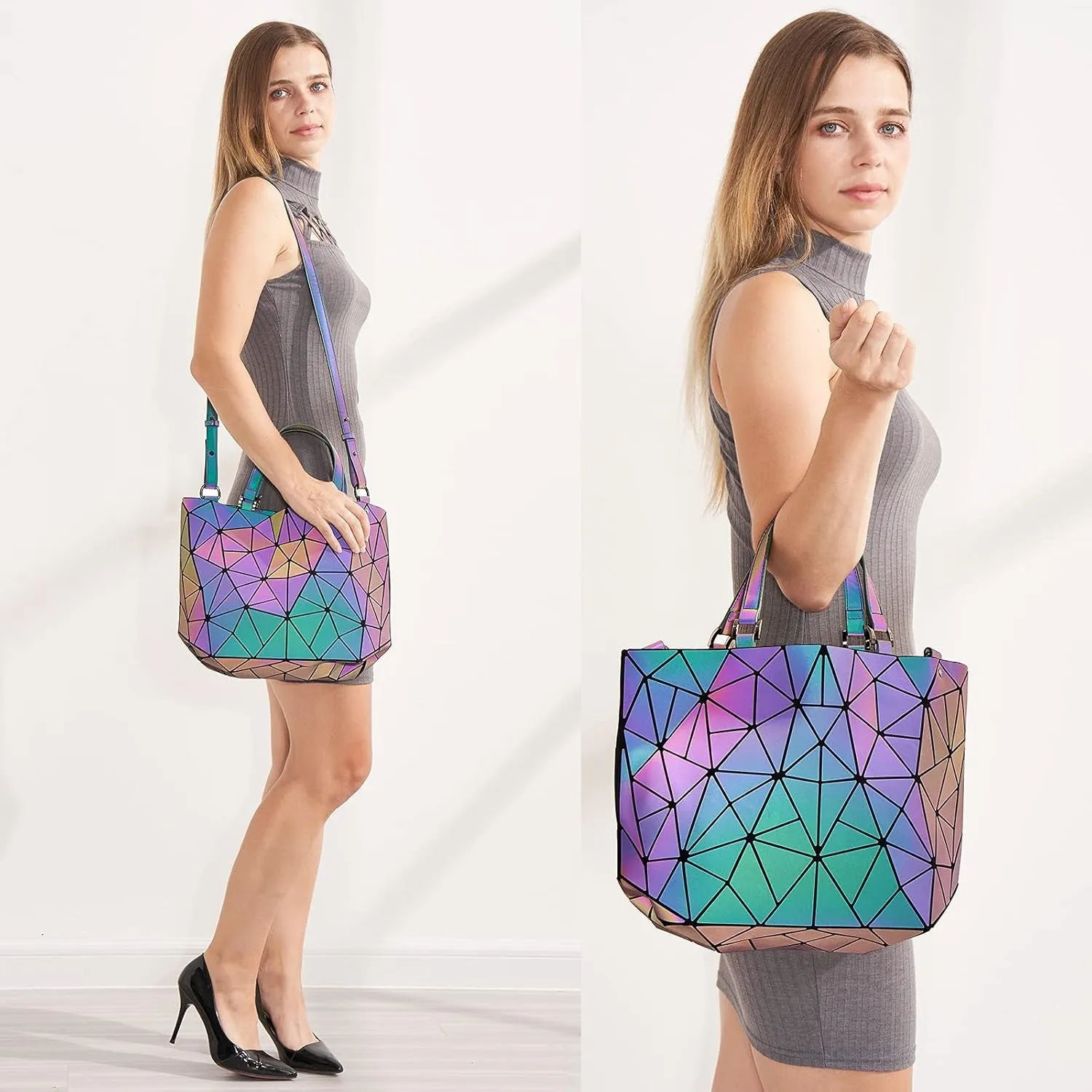 Geometric and Holographic Crossbody and Women Girls Tote for Tailored options Handbag Responsive Luminous