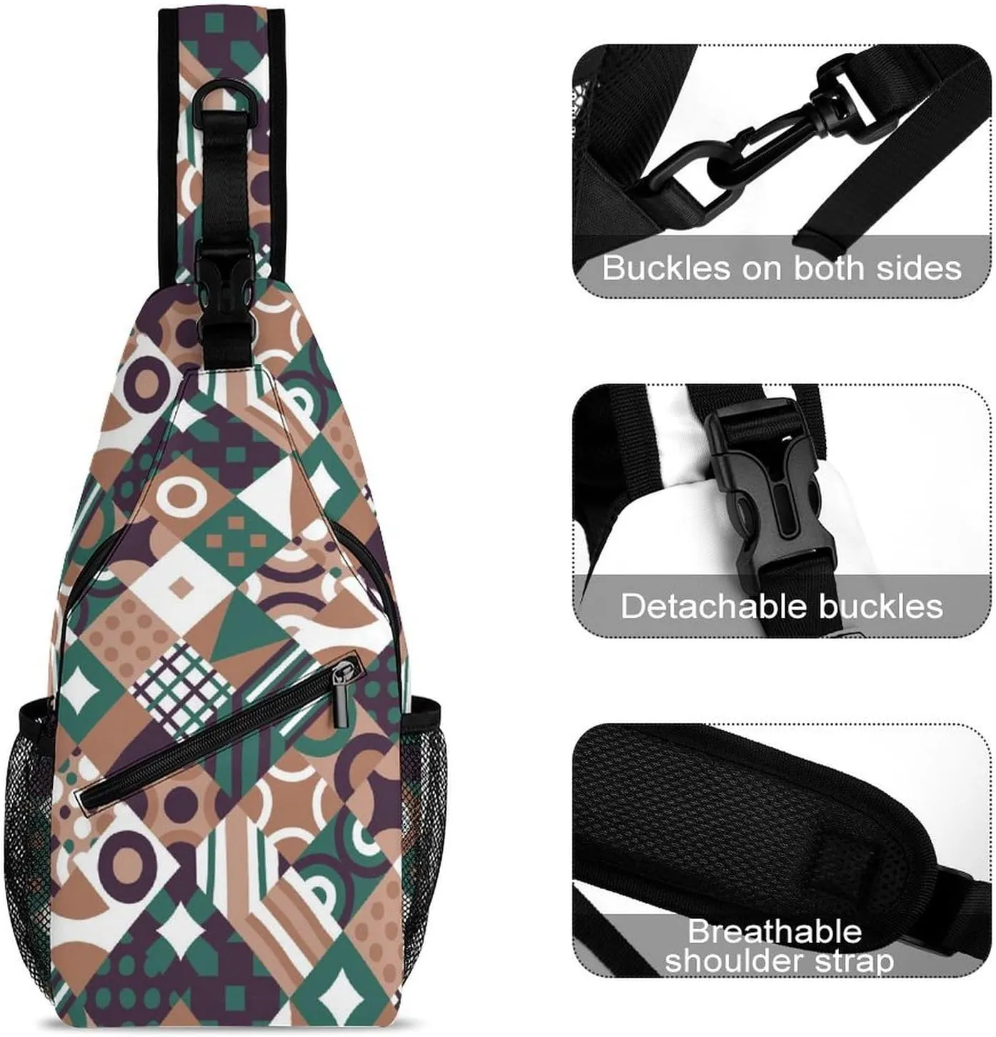 Geometric Mosaic Pattern Sling Backpack, Crossbody Shoulder Bag, Chest Bags for Outdoor Travel Fitness
