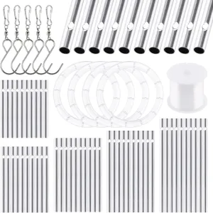 Glarks 60Pcs Wind Chime Kit - 50Pcs Tubes (11.5cm, 10cm, 9cm, 8cm, 7cm) & 5Pcs Swivel Hooks with 100m Wire & 5Pcs Top Circles for Home Garden Decorations