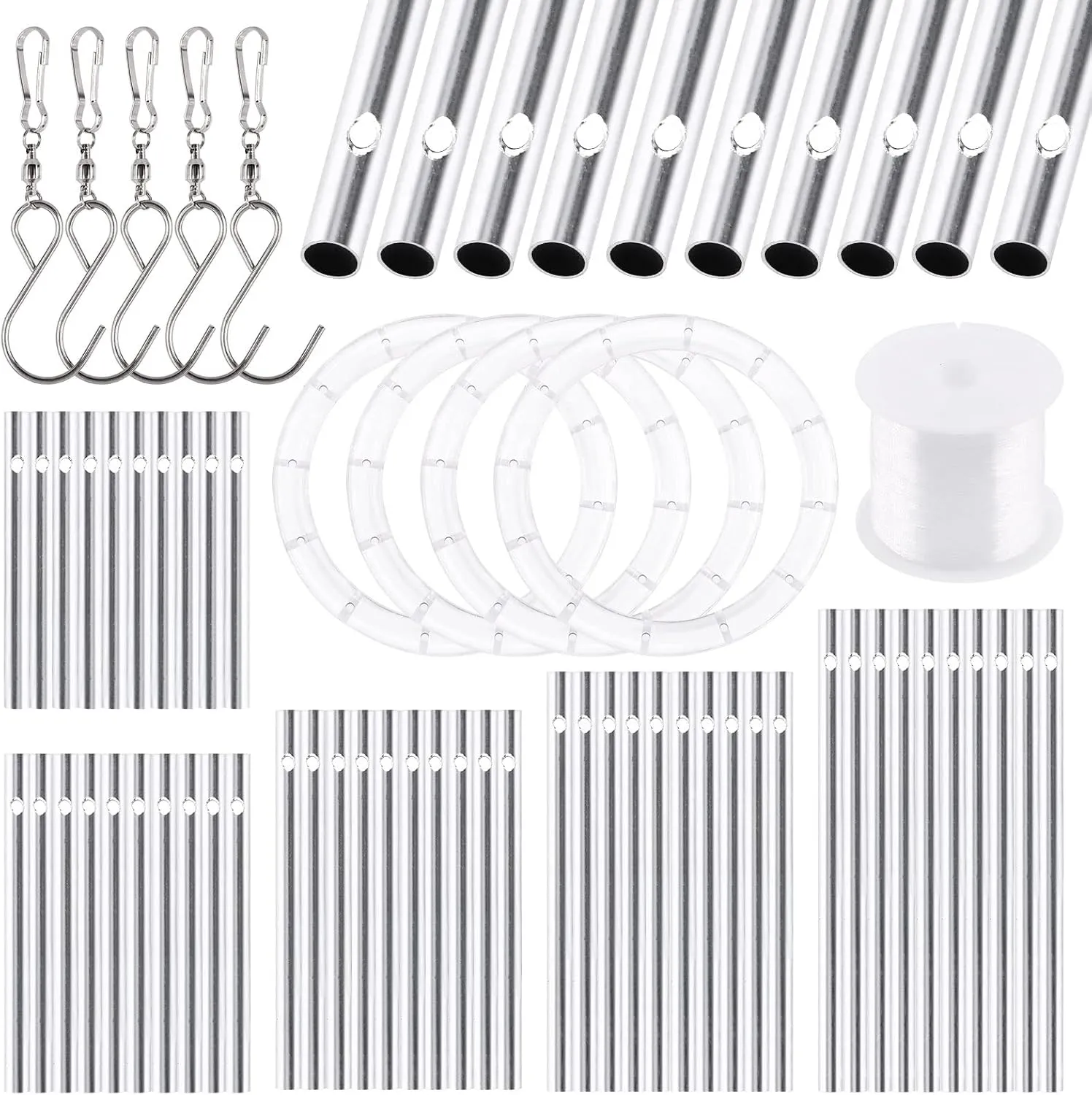 Glarks 60Pcs Wind Chime Kit - 50Pcs Tubes (11.5cm, 10cm, 9cm, 8cm, 7cm) & 5Pcs Swivel Hooks with 100m Wire & 5Pcs Top Circles for Home Garden Decorations