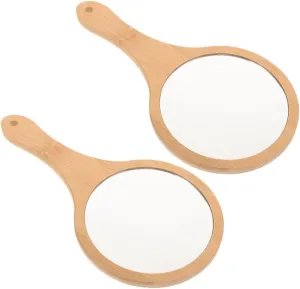 GLEAVI 2pc Bamboo Handle Hand Mirror Portable Mini Travel Makeup Mirror for Home Office