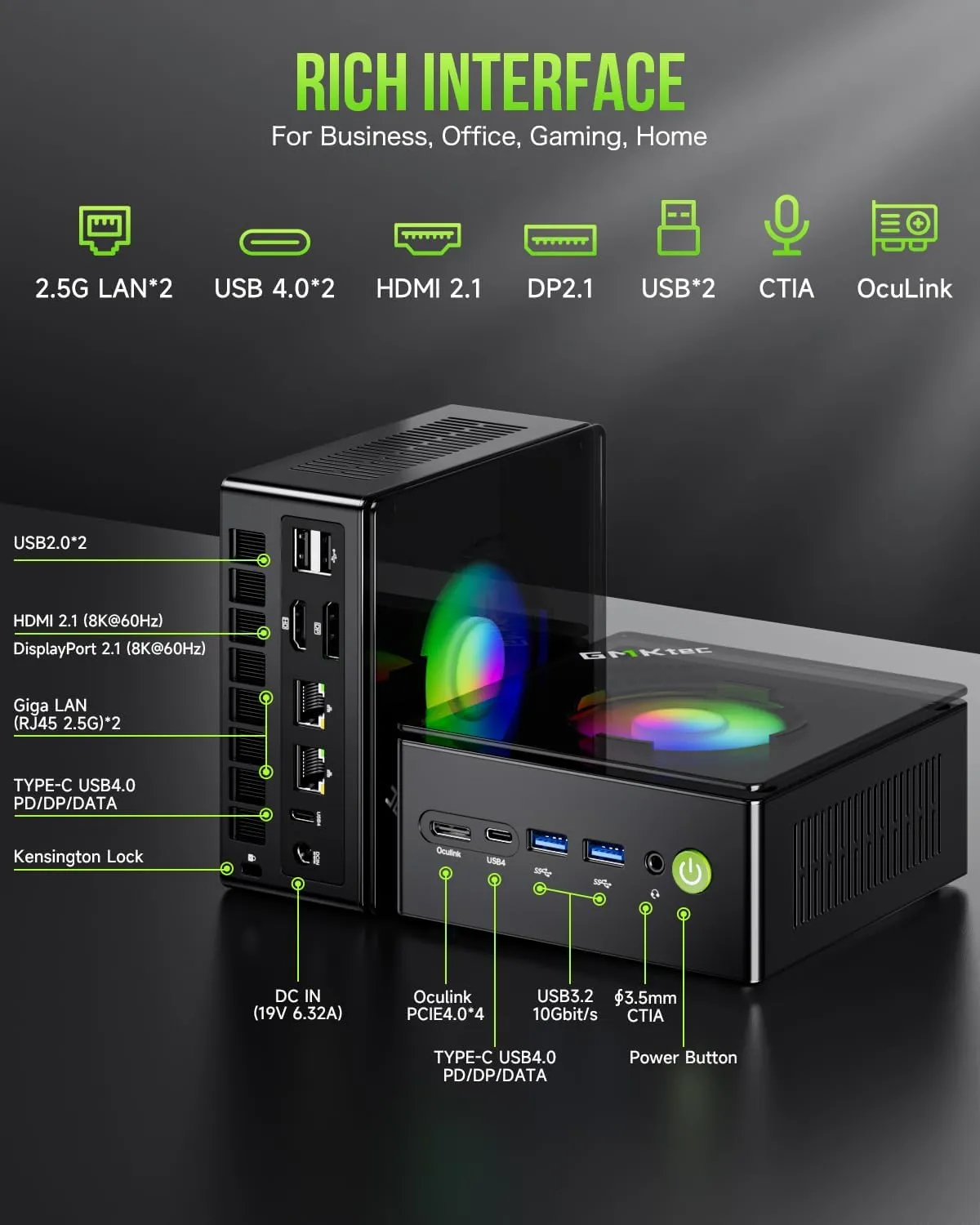 GMKtec Gaming PC, K11 AMD Ryzen 9 8945HS(8C/16T, Up to 5.2GHz), 32GB DDR5 RAM 1TB Mini PC Desktop Computer, Oculink, Dual NIC 2.5GbE LAN, HDMI/DisplayPort/USB4*2