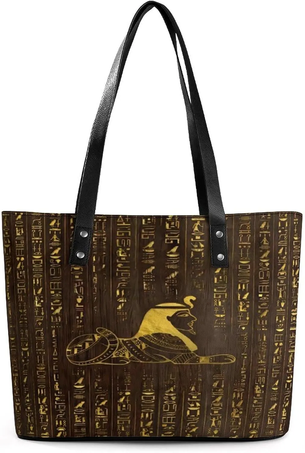 Golden Egyptian Sphinx And Hieroglyphics Women Tote Bags Top Handle Satchel Handbags Faux Leather Tassel Shoulder Purse