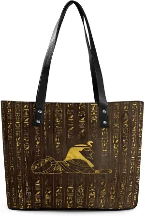 Golden Egyptian Sphinx And Hieroglyphics Women Tote Bags Top Handle Satchel Handbags Faux Leather Tassel Shoulder Purse