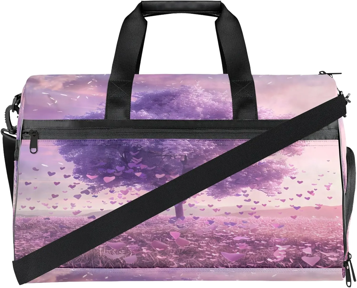Gym Bag for Women Men Tree Purple Heart Travel Duffle Bag with Shoe Compartment Waterproof Sports Tote Bags Large Overnight Weekender Bags for Travel Swimming Gym Yoga Dance