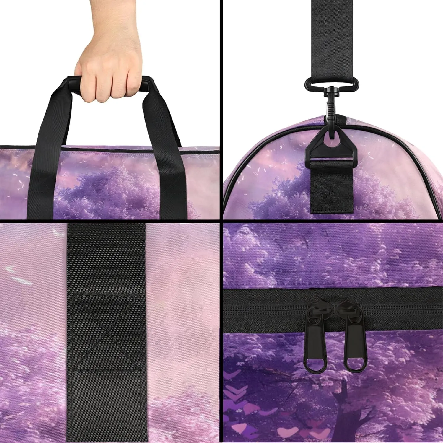 Gym Bag for Women Men Tree Purple Heart Travel Duffle Bag with Shoe Compartment Waterproof Sports Tote Bags Large Overnight Weekender Bags for Travel Swimming Gym Yoga Dance