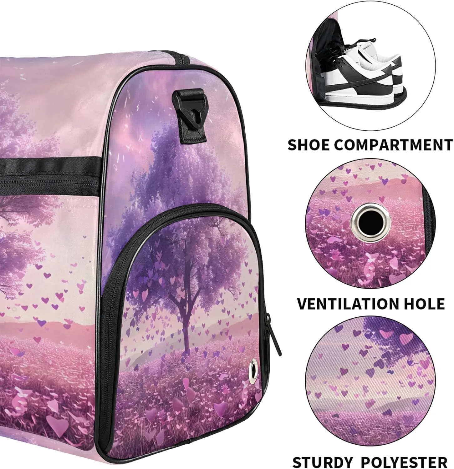 Gym Bag for Women Men Tree Purple Heart Travel Duffle Bag with Shoe Compartment Waterproof Sports Tote Bags Large Overnight Weekender Bags for Travel Swimming Gym Yoga Dance