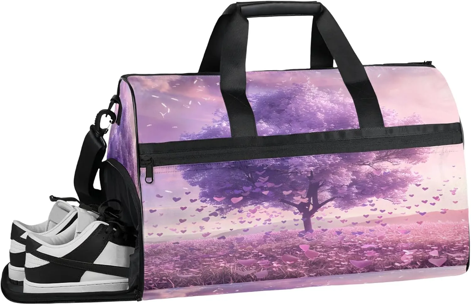 Gym Bag for Women Men Tree Purple Heart Travel Duffle Bag with Shoe Compartment Waterproof Sports Tote Bags Large Overnight Weekender Bags for Travel Swimming Gym Yoga Dance