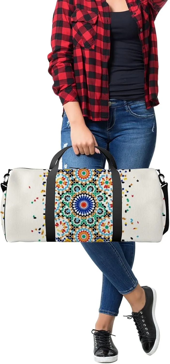 Gym Bag Sports Travel Bag Abstract flower circle snowflake Like Weekender Bags with 2 Side Pocket Lightweight Waterproof Polyester Tote Bag for Swimming Yoga Women Men 9x17.6inch