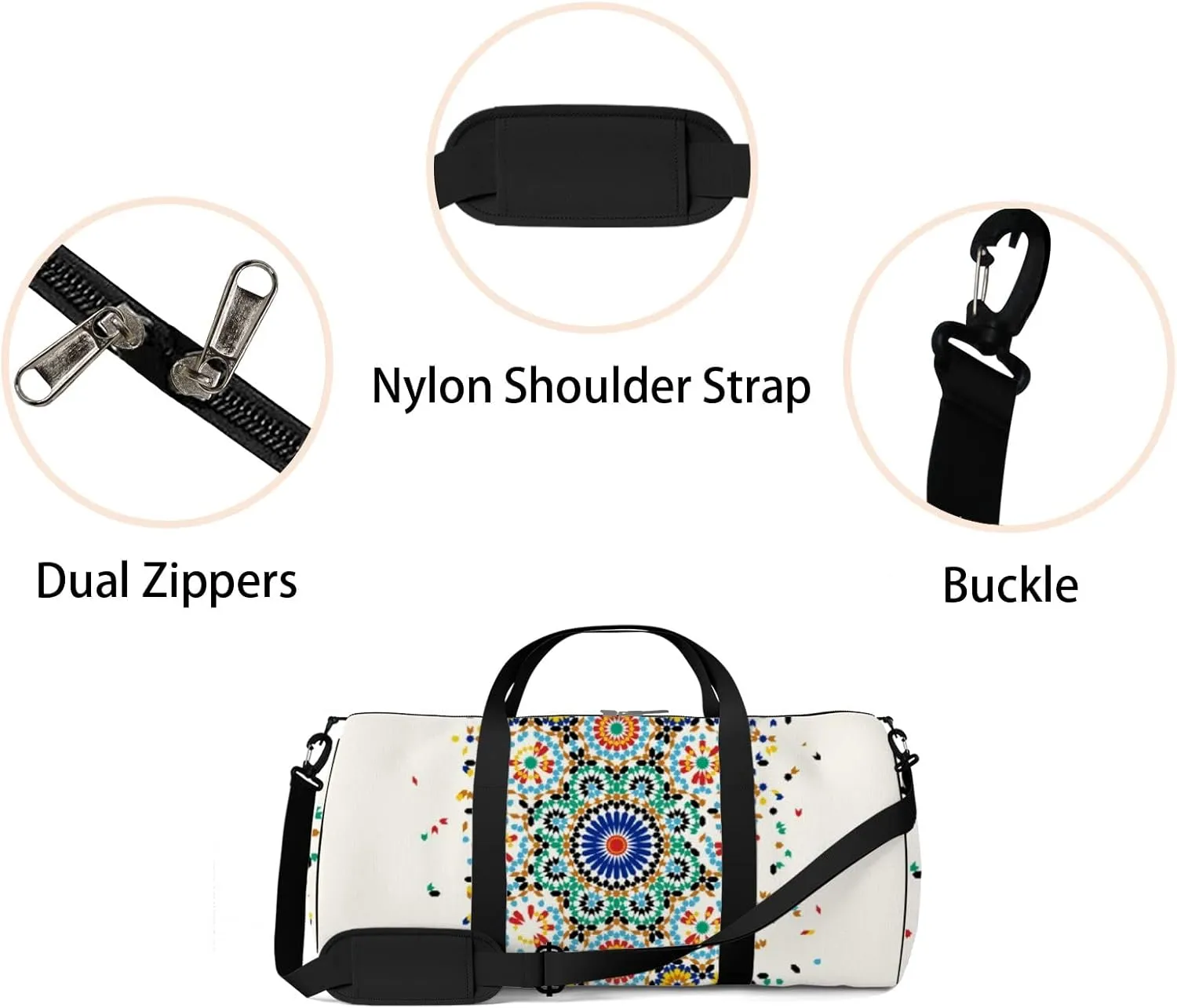 Gym Bag Sports Travel Bag Abstract flower circle snowflake Like Weekender Bags with 2 Side Pocket Lightweight Waterproof Polyester Tote Bag for Swimming Yoga Women Men 9x17.6inch