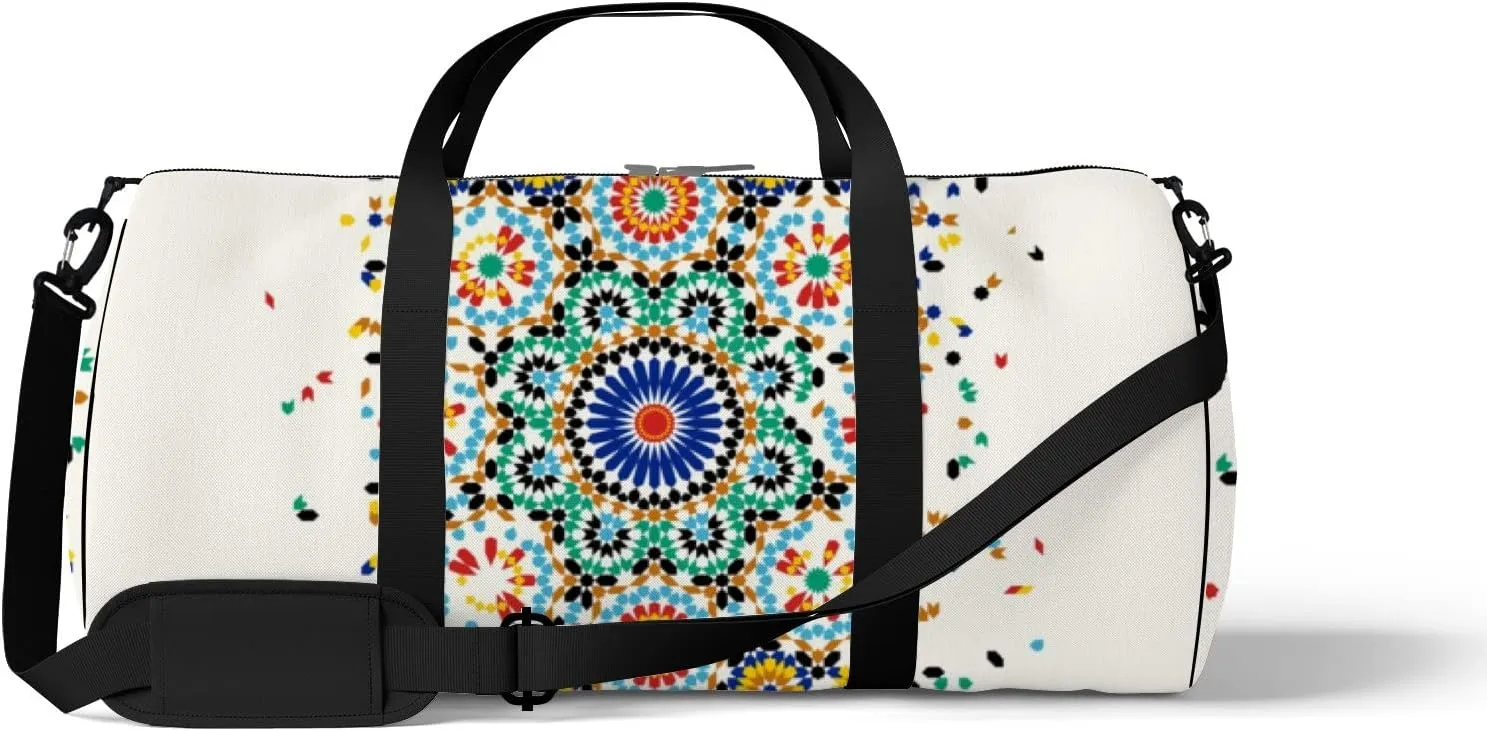 Gym Bag Sports Travel Bag Abstract flower circle snowflake Like Weekender Bags with 2 Side Pocket Lightweight Waterproof Polyester Tote Bag for Swimming Yoga Women Men 9x17.6inch