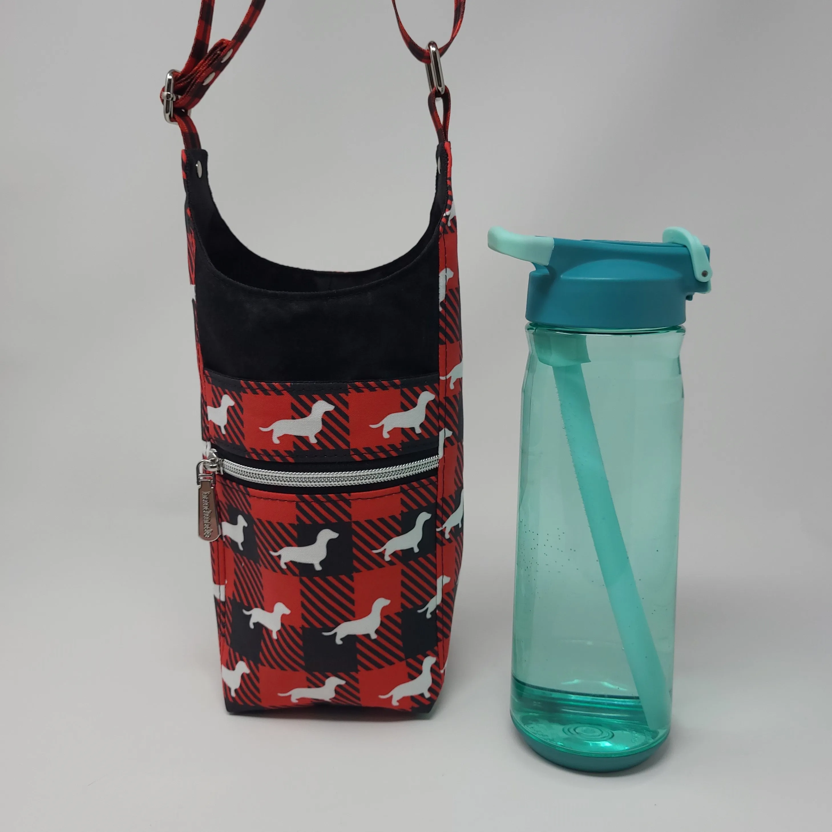 H2O2Go Crossbody Water Bottle Bag - Buffalo Plaid Dachshunds