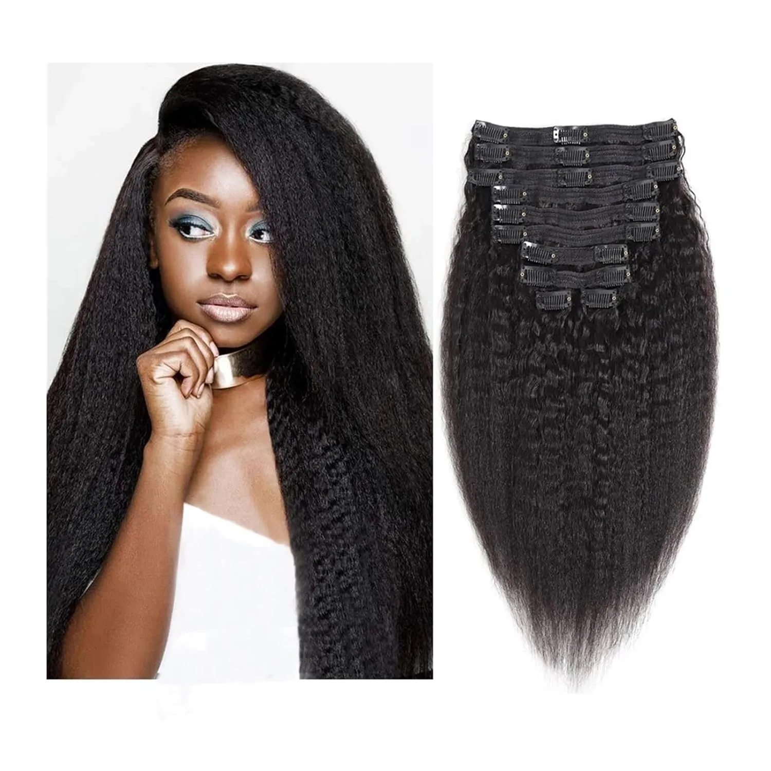 Hair Extensions Clip in Hair Extensions Real Human Hair Extensions Kinky Straight Brazilian Human Hair Clip in Extensions for Women 8Pcs Seamless Clip ins for Black Women Hair Pieces(14 inch x 2 Packs