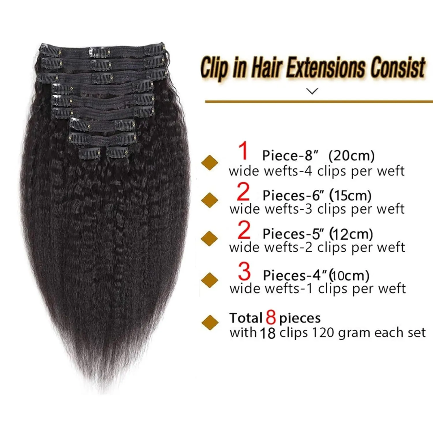 Hair Extensions Clip in Hair Extensions Real Human Hair Extensions Kinky Straight Brazilian Human Hair Clip in Extensions for Women 8Pcs Seamless Clip ins for Black Women Hair Pieces(14 inch x 2 Packs