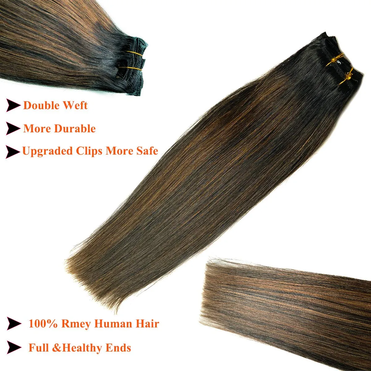 Hair Extensions Clip in Human Hair, Ombre Black to Chestnut Brown Highlights Balayage Hair Extension Clip ins,7pcs Weft Straight Soft 14Inch Full Head 120G Real Extensions Clip in Hair for White Women