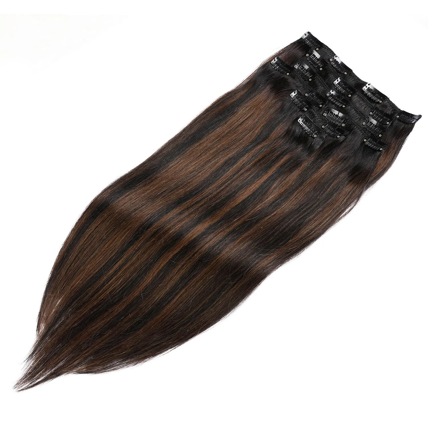 Hair Extensions Clip in Human Hair, Ombre Black to Chestnut Brown Highlights Balayage Hair Extension Clip ins,7pcs Weft Straight Soft 14Inch Full Head 120G Real Extensions Clip in Hair for White Women
