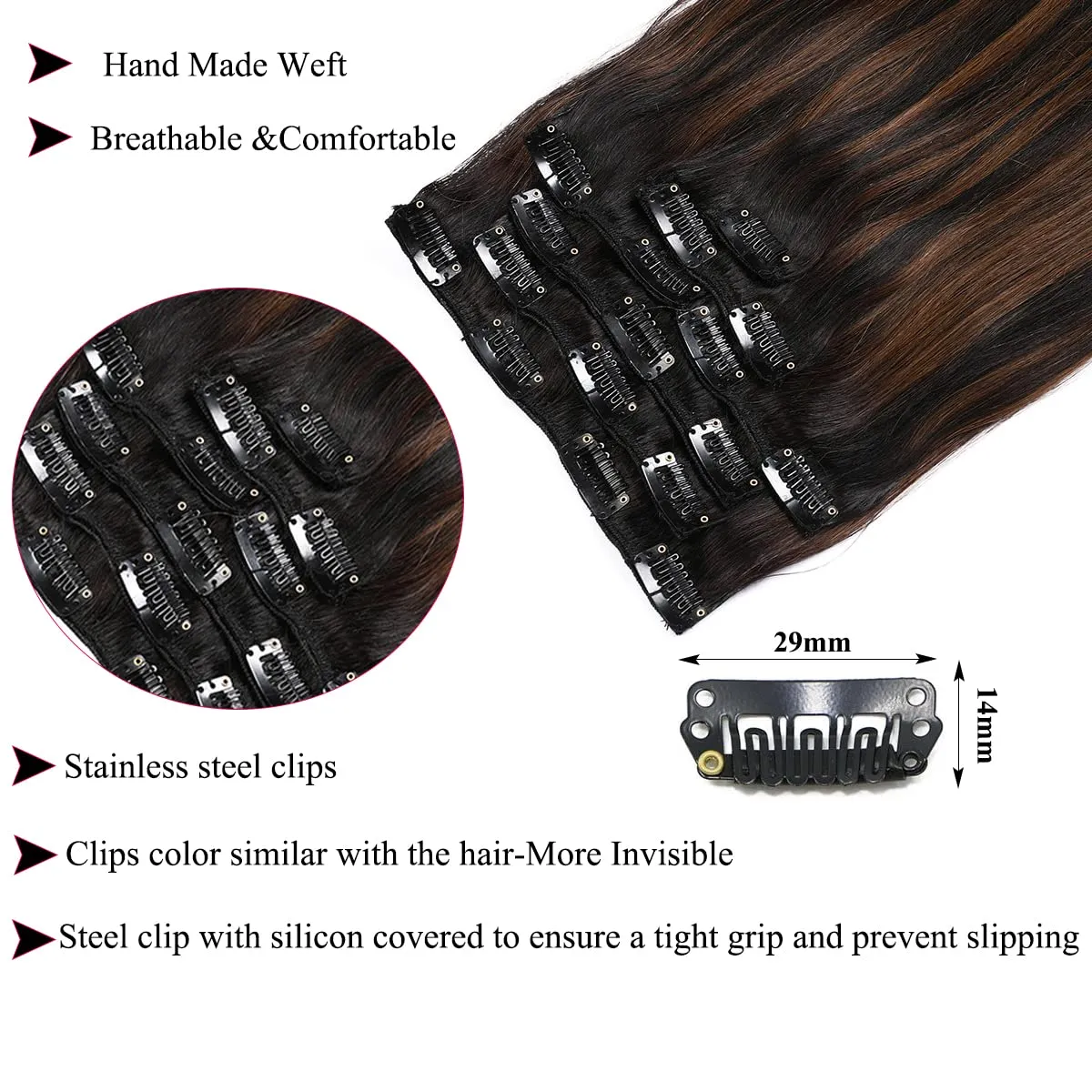 Hair Extensions Clip in Human Hair, Ombre Black to Chestnut Brown Highlights Balayage Hair Extension Clip ins,7pcs Weft Straight Soft 14Inch Full Head 120G Real Extensions Clip in Hair for White Women