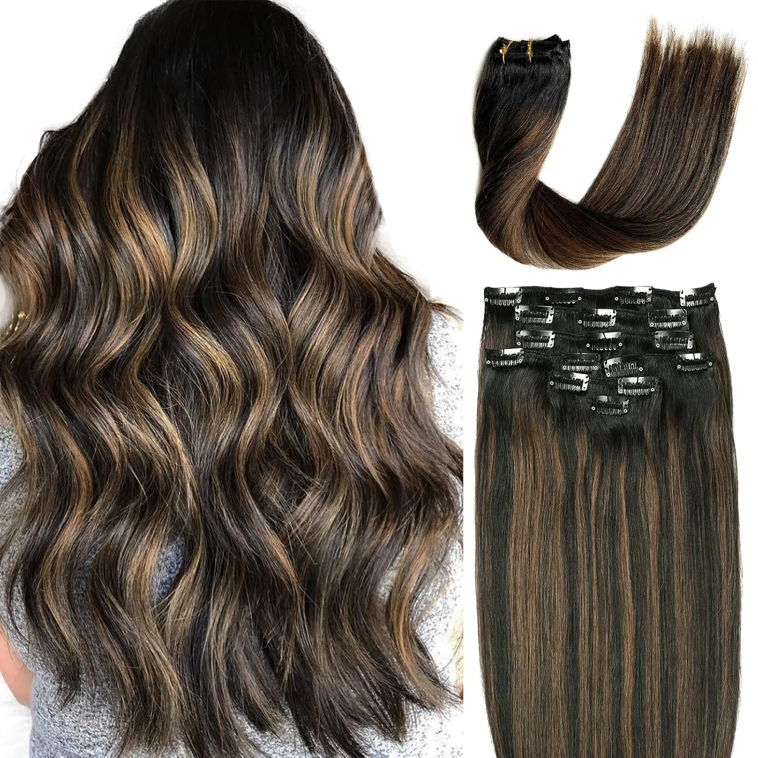 Hair Extensions Clip in Human Hair, Ombre Black to Chestnut Brown Highlights Balayage Hair Extension Clip ins,7pcs Weft Straight Soft 14Inch Full Head 120G Real Extensions Clip in Hair for White Women