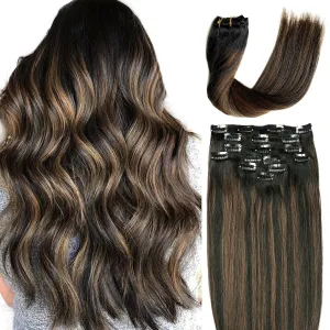 Hair Extensions Clip in Human Hair, Ombre Black to Chestnut Brown Highlights Balayage Hair Extension Clip ins,7pcs Weft Straight Soft 14Inch Full Head 120G Real Extensions Clip in Hair for White Women