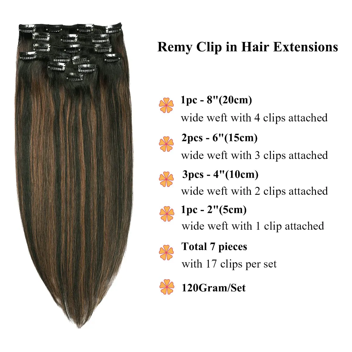 Hair Extensions Clip in Human Hair, Ombre Black to Chestnut Brown Highlights Balayage Hair Extension Clip ins,7pcs Weft Straight Soft 14Inch Full Head 120G Real Extensions Clip in Hair for White Women