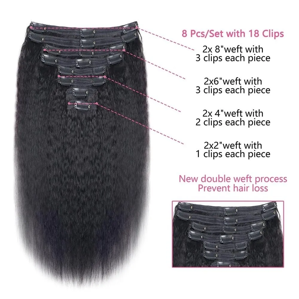 Hair Extensions Kinky Straight Clip In Hair Extensions for Black Women Real Human Hair Natural Black 8Pcs 120g Full Head Yaki Straight Clip in Extensions Hair Pieces(14 Inch)