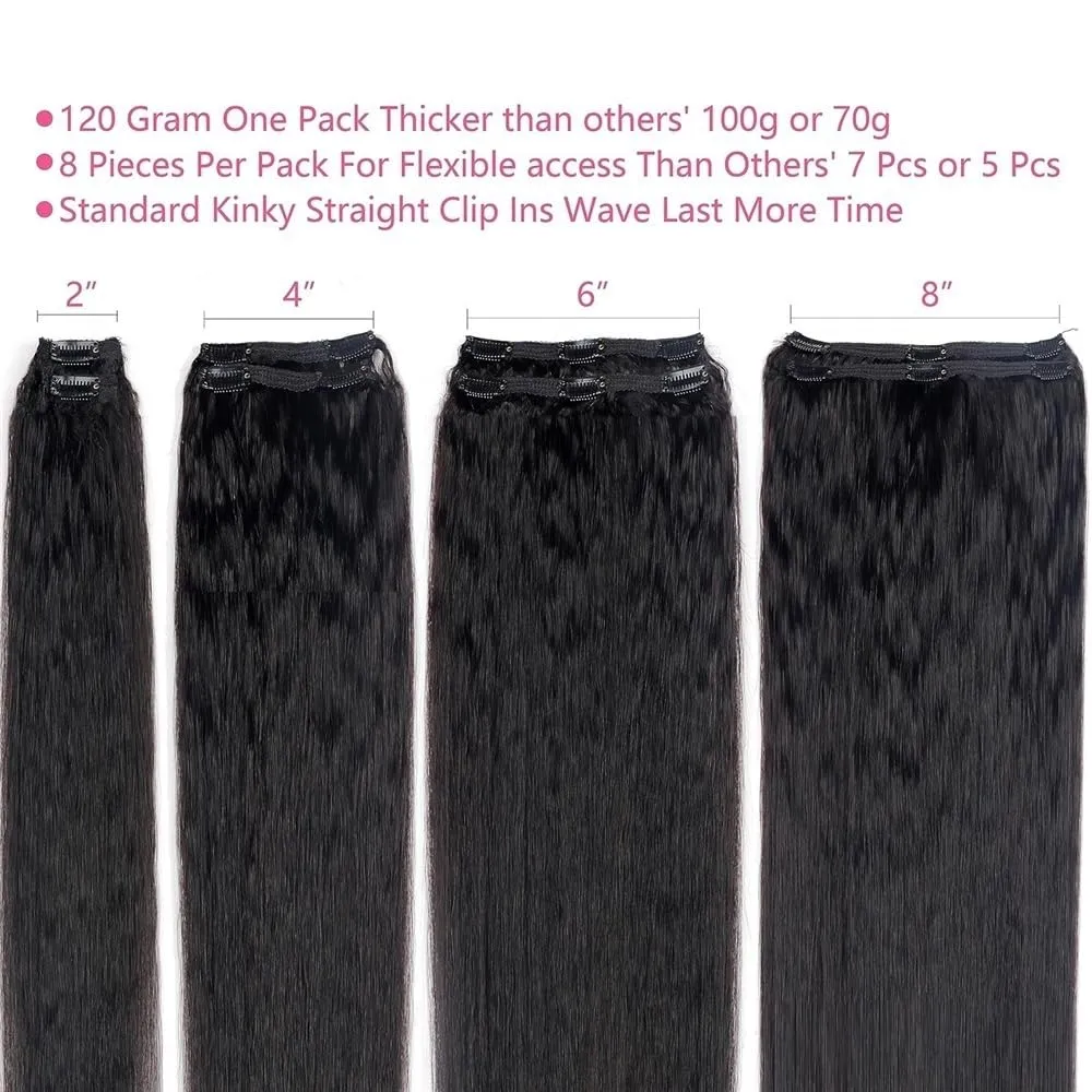 Hair Extensions Kinky Straight Clip In Hair Extensions for Black Women Real Human Hair Natural Black 8Pcs 120g Full Head Yaki Straight Clip in Extensions Hair Pieces(14 Inch)