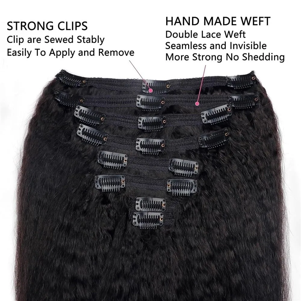 Hair Extensions Kinky Straight Clip In Hair Extensions for Black Women Real Human Hair Natural Black 8Pcs 120g Full Head Yaki Straight Clip in Extensions Hair Pieces(14 Inch)