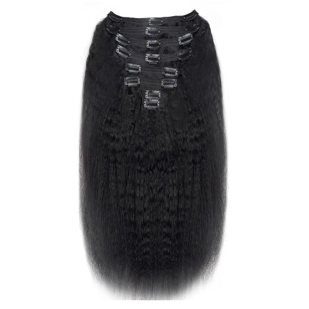 Hair Extensions Kinky Straight Clip In Hair Extensions for Black Women Real Human Hair Natural Black 8Pcs 120g Full Head Yaki Straight Clip in Extensions Hair Pieces(14 Inch)