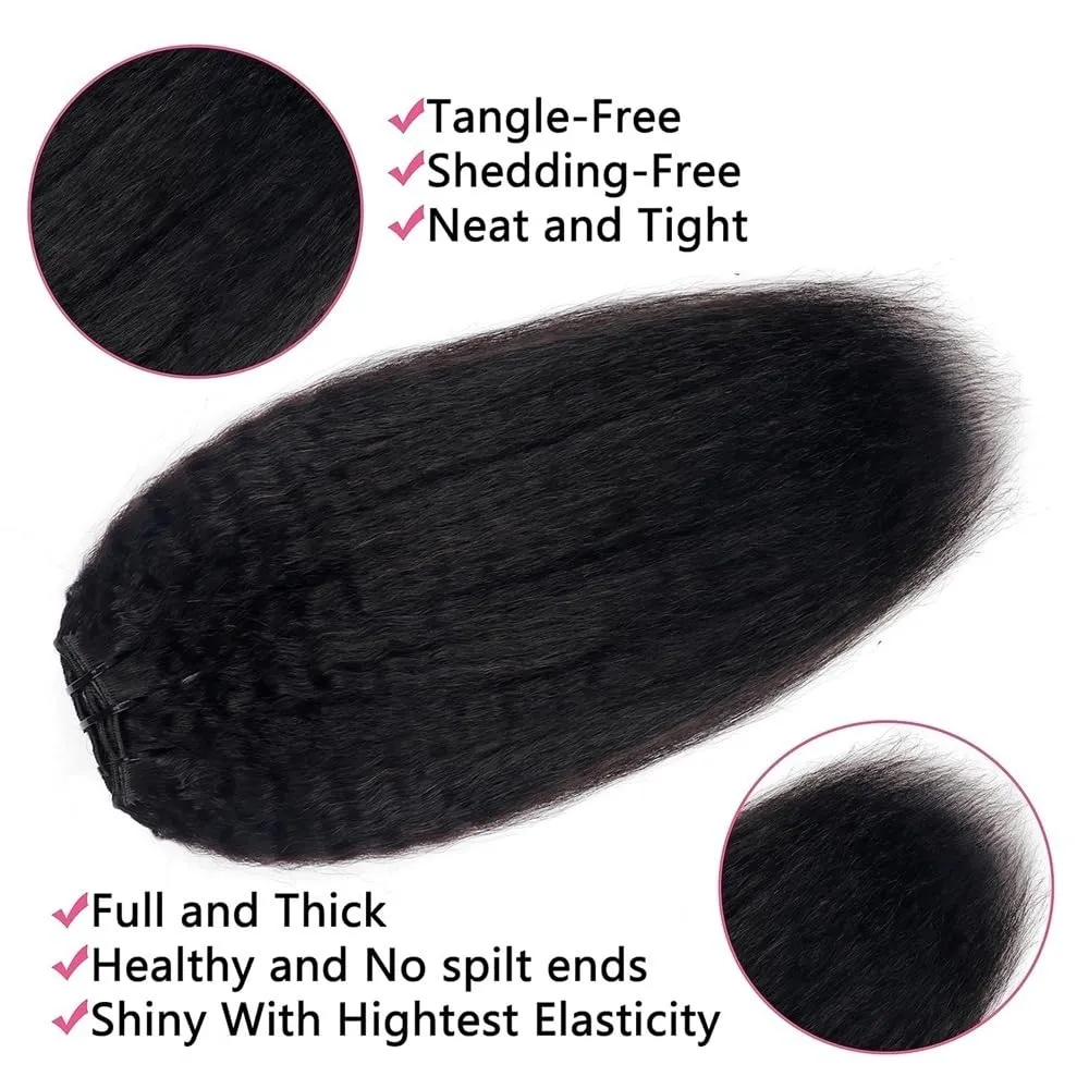 Hair Extensions Kinky Straight Clip In Hair Extensions for Black Women Real Human Hair Natural Black 8Pcs 120g Full Head Yaki Straight Clip in Extensions Hair Pieces(14 Inch)