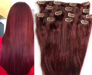 Hair Faux You 18" Clip in Hair Extensions Real Human Hair 80g Clip on for Full Head 7 pieces, 14 clips, Silky Straight Weft Remy Hair Color #99J Burgundy Red