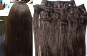 Hair Faux You 20" Clip in Hair Extensions Real Human Hair 90g Clip on for Full Head 7 pieces, 14 clips, Silky Straight Weft Remy Hair Color #2 Darkest Brown