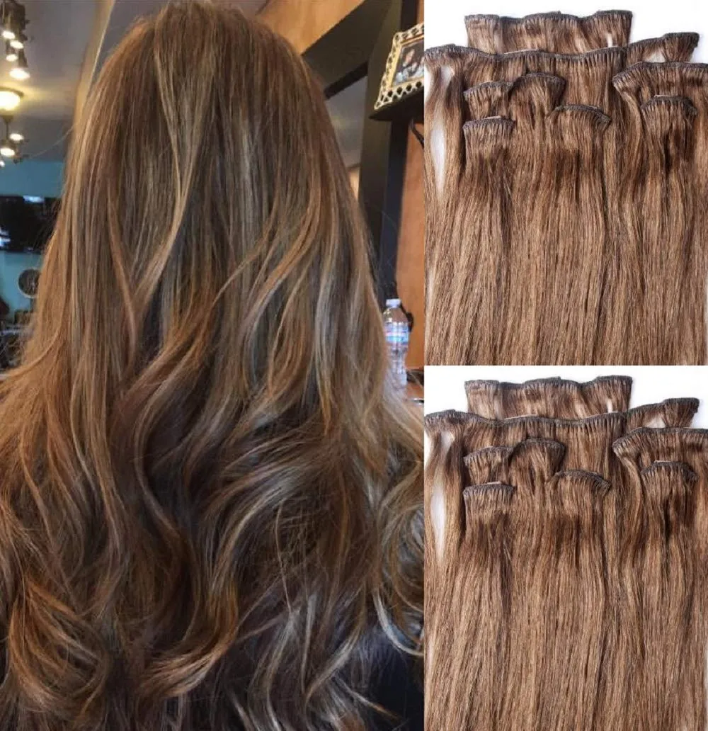 Hair Faux You 24" Clip in Hair Extensions Real Human Hair 100g Clip on for Full Head 7 pieces, 14 clips, Silky Straight Weft Remy Hair Color # 6 Med Chestnut Brown