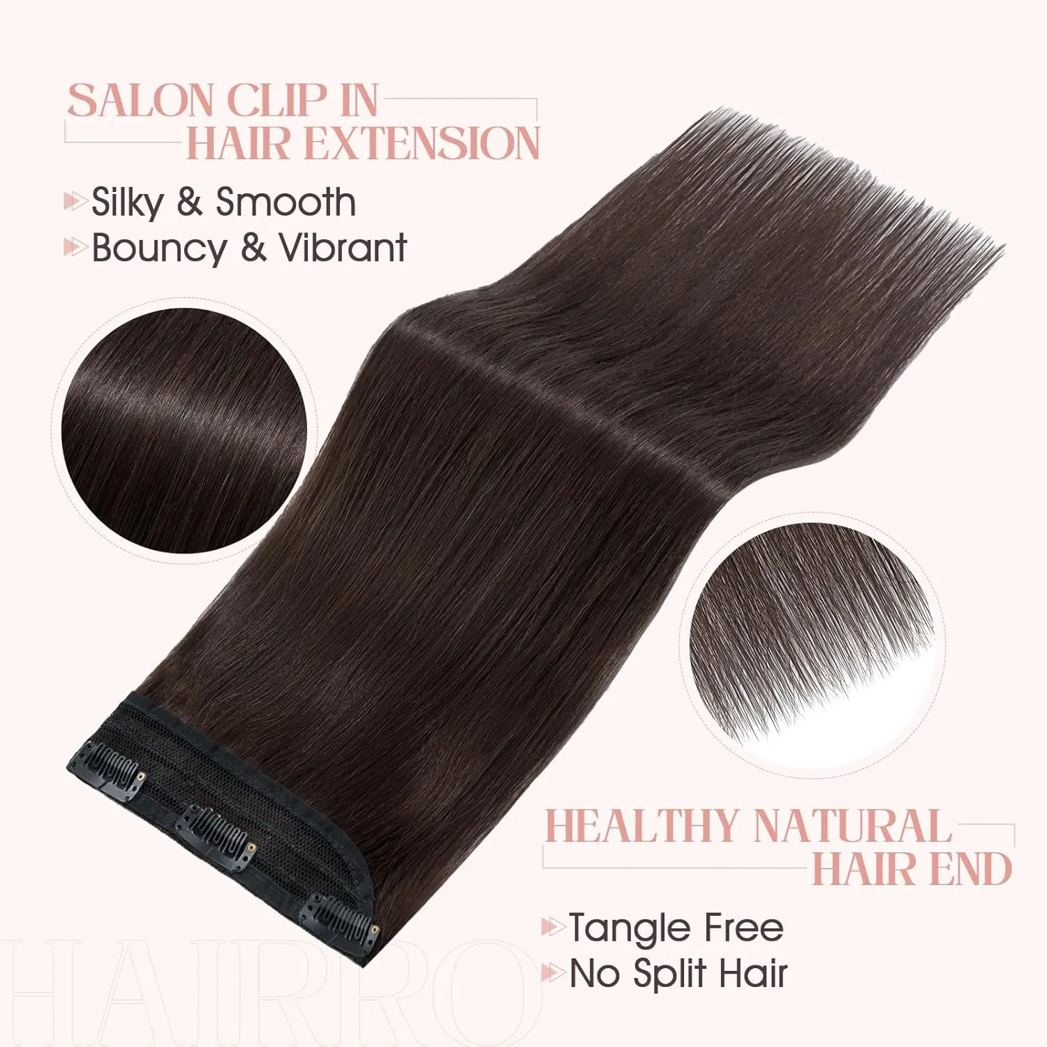 Hairro 100% Human Hair Clip in Extensions 8 Inch 40g One-piece 5 Clips Long Straight Clip on Hairpiece Half Head for Women Wide Standard Weft Soft Silky #2 Dark Brown