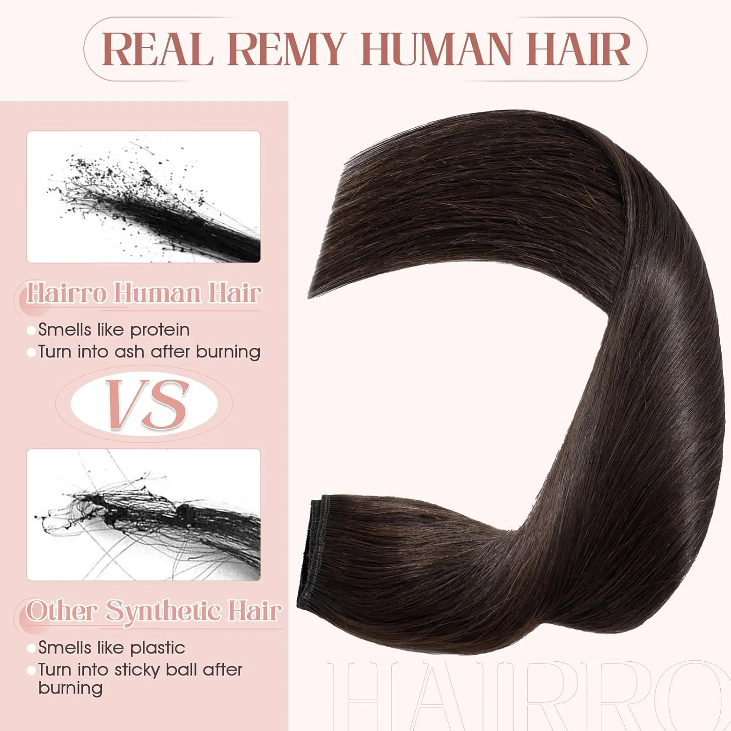 Hairro 100% Human Hair Clip in Extensions 8 Inch 40g One-piece 5 Clips Long Straight Clip on Hairpiece Half Head for Women Wide Standard Weft Soft Silky #2 Dark Brown