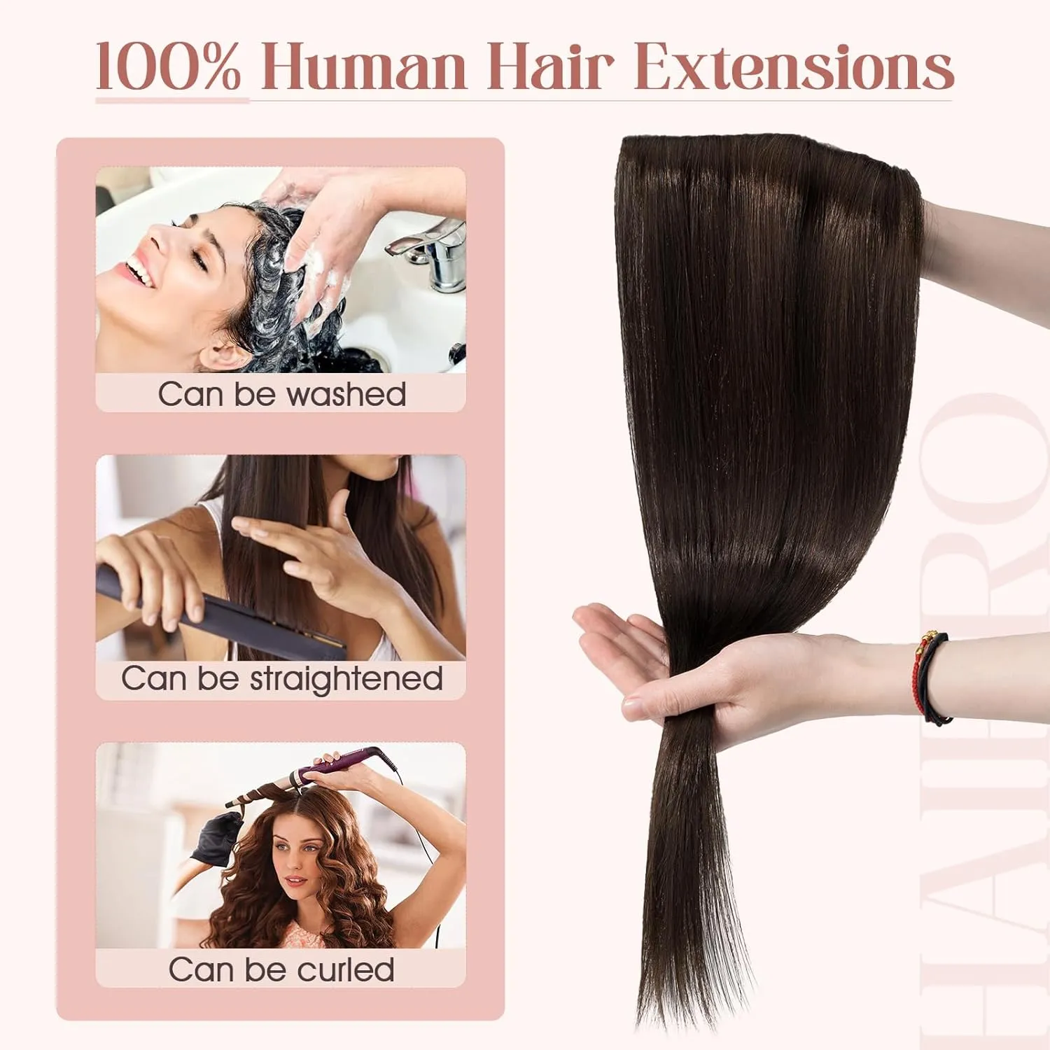 Hairro 100% Human Hair Clip in Extensions 8 Inch 40g One-piece 5 Clips Long Straight Clip on Hairpiece Half Head for Women Wide Standard Weft Soft Silky #2 Dark Brown