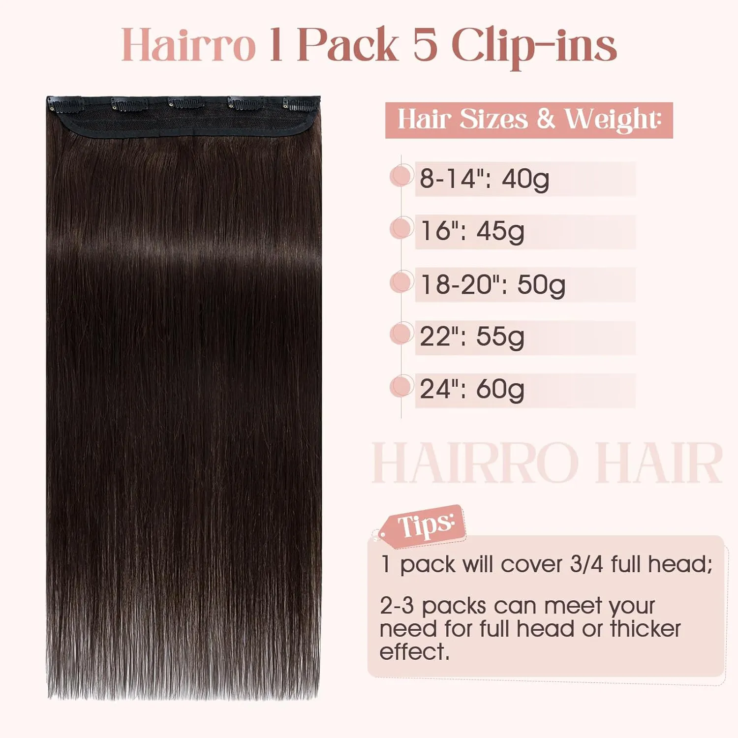 Hairro 100% Human Hair Clip in Extensions 8 Inch 40g One-piece 5 Clips Long Straight Clip on Hairpiece Half Head for Women Wide Standard Weft Soft Silky #2 Dark Brown