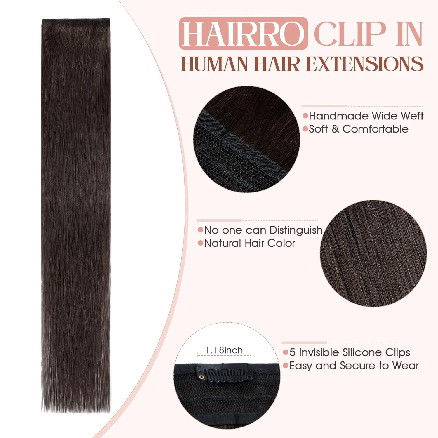 Hairro 100% Human Hair Clip in Extensions 8 Inch 40g One-piece 5 Clips Long Straight Clip on Hairpiece Half Head for Women Wide Standard Weft Soft Silky #2 Dark Brown