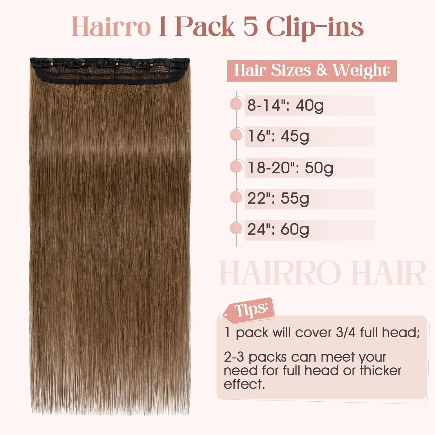 Hairro Clip in Hair Extensions 100% Human Hair 8 Inch Short Thin Clip on Human Hairpieces Standard Weft One Piece 5 Clips 40g Soft Silky Straight Hair for Women #6 Light Brown