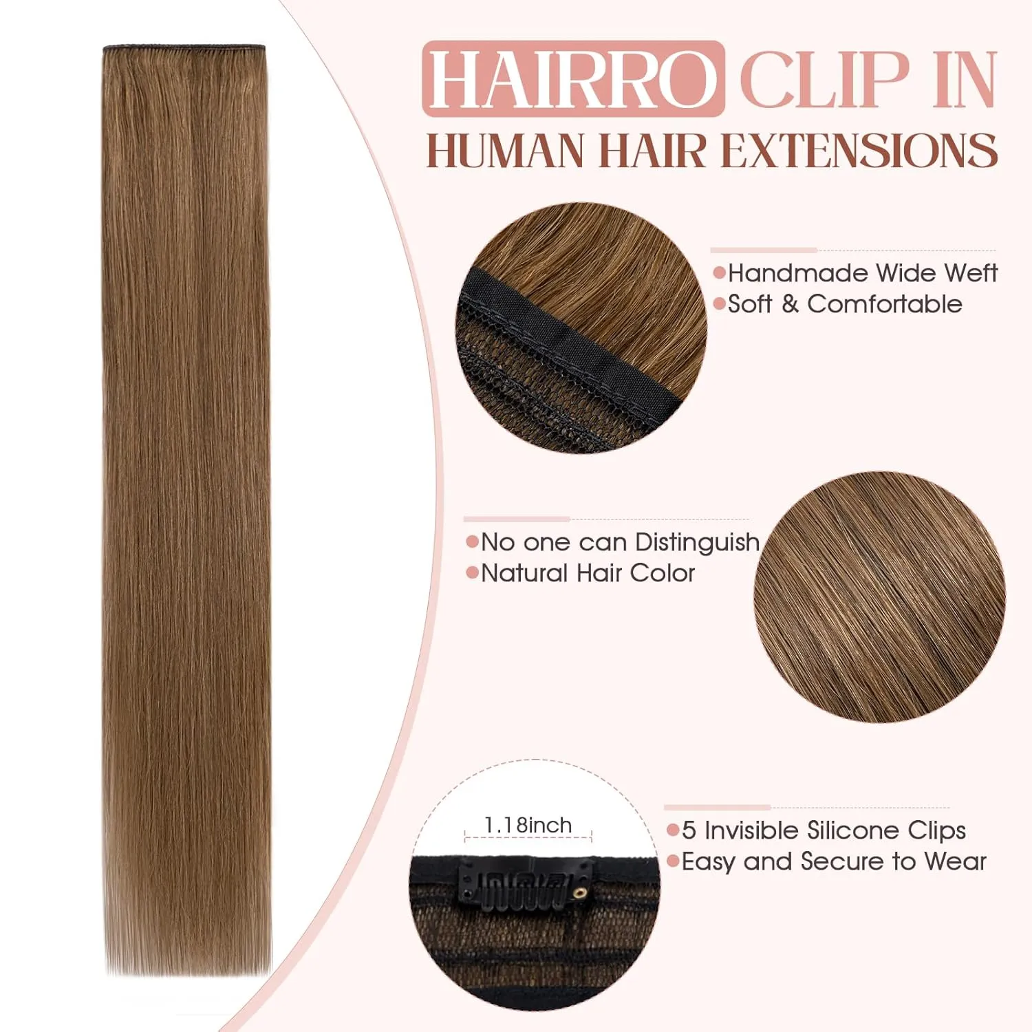 Hairro Clip in Hair Extensions 100% Human Hair 8 Inch Short Thin Clip on Human Hairpieces Standard Weft One Piece 5 Clips 40g Soft Silky Straight Hair for Women #6 Light Brown