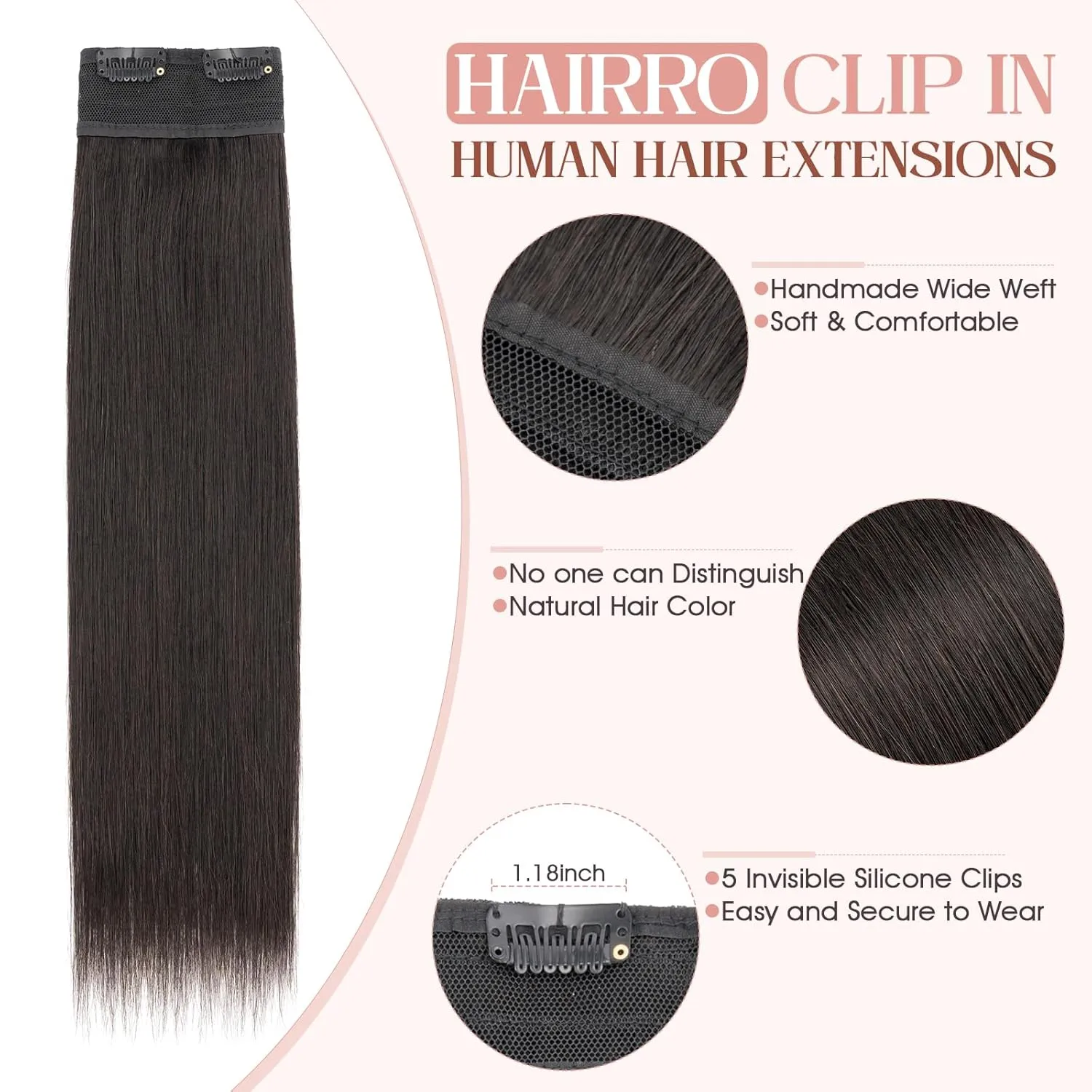 Hairro Clip in Hair Extensions Real Human Hair, 8 Inch 40g Standard Weft Invisible Clips on Hairpieces Soft Silky Straight Hair for Women Adding Length, Gentle Black