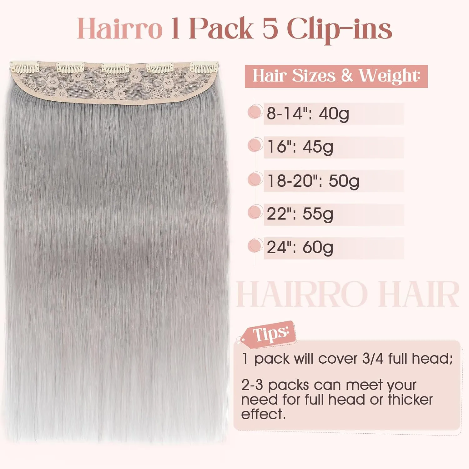 Hairro Clip in Hair Extensions Real Human Hair, 8 Inch 40g Standard Weft Invisible Clips on Hairpieces Soft Silky Straight Hair for Women Adding Length, Grey
